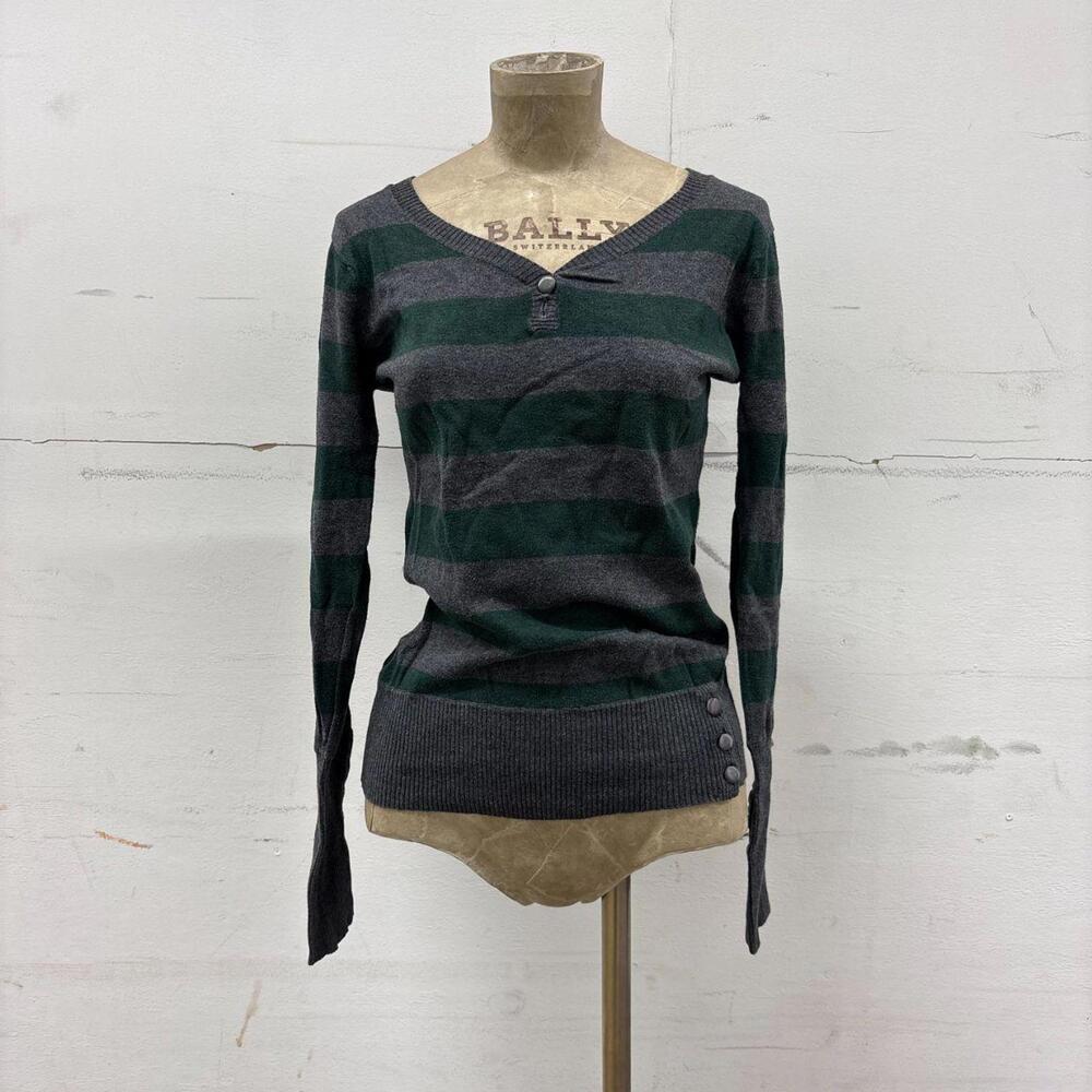 Vintage Y2K Grey Green Loi Striped Henley Knit Sweater